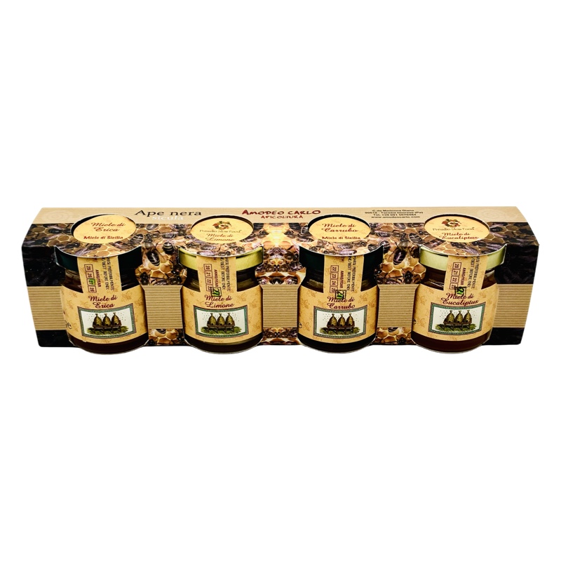 Blister Miele Carrubo Erica Eucalipto Limone Ape Nera Sicula 4×40 grammi