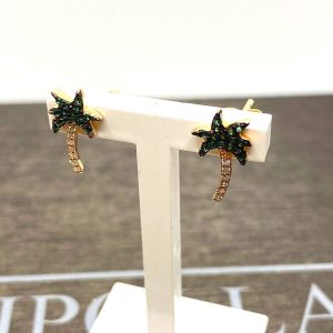 orecchini palma argento 925% rose gold, cristalli verdi e bianchi