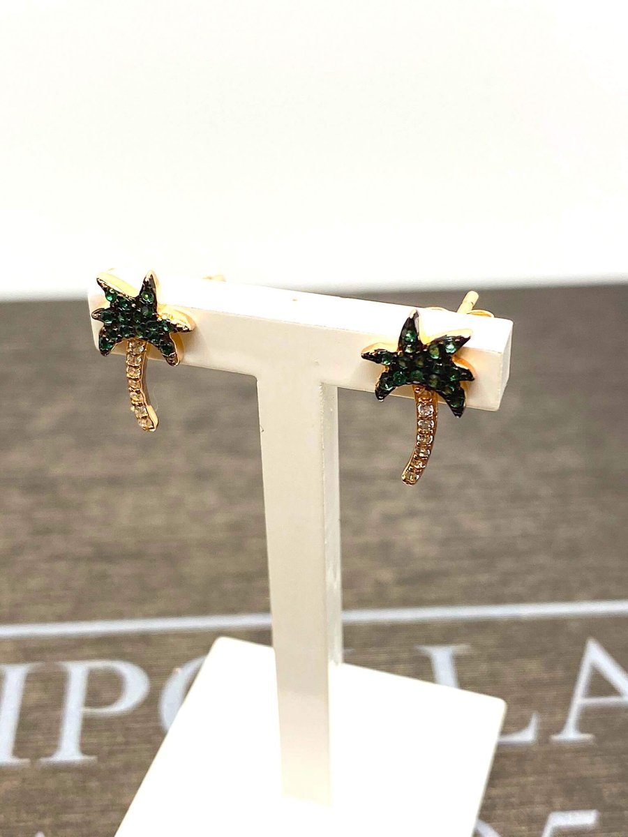 orecchini palma argento 925% rose gold, cristalli verdi e bianchi