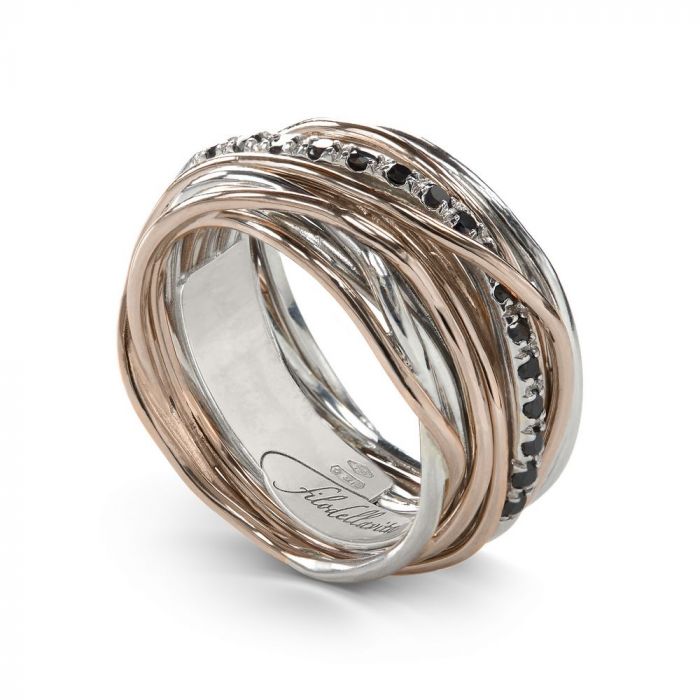 ANELLO FILODELLAVITA CLASSIC, 13 FILI IN ORO ROSA 9KT, ARGENTO 925 E DIAMANTI BLACK