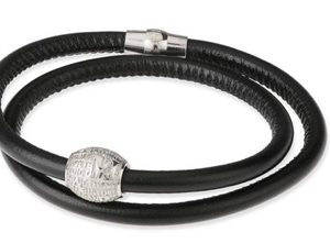 Agios Bracciale Boule Mater in Argento Rodiato, pelle naturale nera