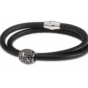 Agios Bracciale boule Mater in argento rodiato brunito, pelle naturale nera
