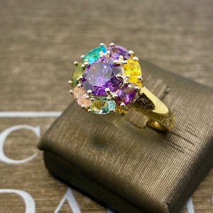 anello  toppa argento 925% yellow gold cristalli multicolor